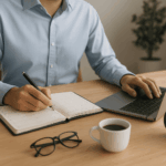 Curso de Gestión del Tiempo: Profesional planificando su jornada con agenda y ordenador portátil.