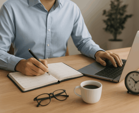 Curso de Gestión del Tiempo: Profesional planificando su jornada con agenda y ordenador portátil.