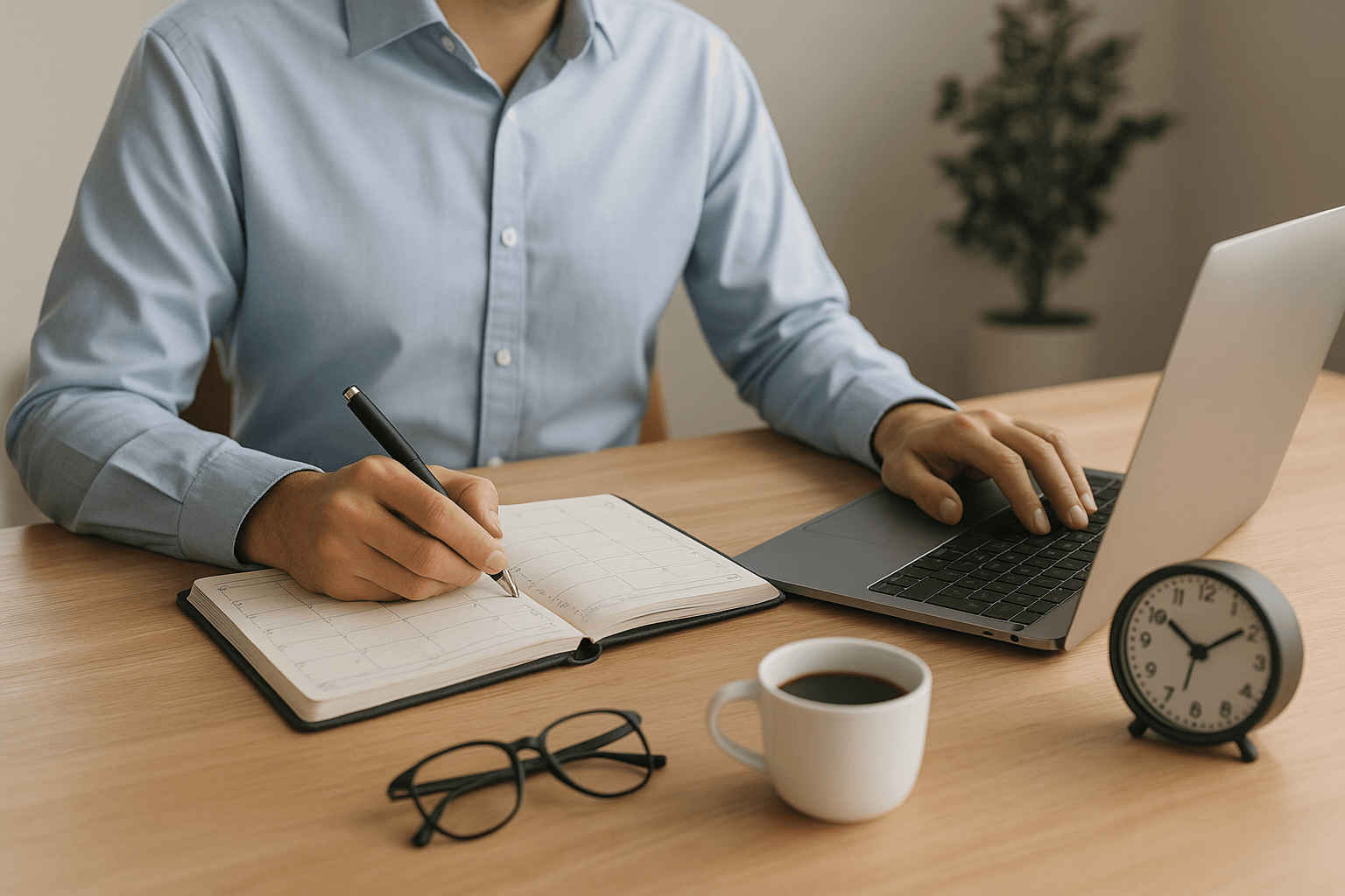 Curso de Gestión del Tiempo: Profesional planificando su jornada con agenda y ordenador portátil.