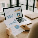 Curso de Gestión Empresarial: persona analizando gráficos financieros en un portátil.