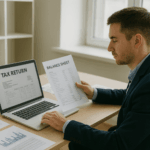 Curso de Gestión Fiscal: Introducción — Profesional revisando documentos fiscales y declaraciones de impuestos en un entorno de oficina moderna.