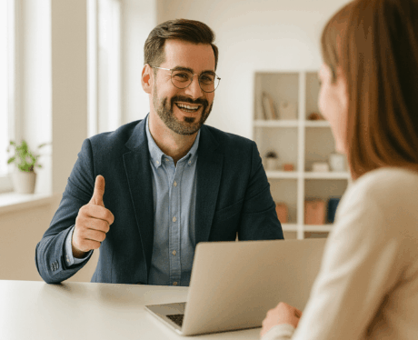 Curso de Habilidades de Venta: profesional de ventas atendiendo con actitud positiva a un cliente en un entorno comercial moderno.