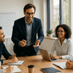 Curso de Habilidades Directivas y Gestión de Equipos: Líder guiando a su equipo en una reunión colaborativa en oficina moderna.