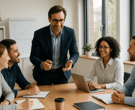 Curso de Habilidades Directivas y Gestión de Equipos: Líder guiando a su equipo en una reunión colaborativa en oficina moderna.