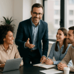 Curso de Habilidades Directivas: Influir, Motivar y Toma de Decisiones: Líder motivando a su equipo durante una reunión profesional.