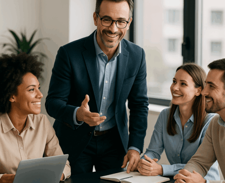 Curso de Habilidades Directivas: Influir, Motivar y Toma de Decisiones: Líder motivando a su equipo durante una reunión profesional.