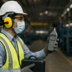 Curso de Higiene Industrial: técnico evaluando condiciones de trabajo con medidor ambiental y equipo de protección en entorno industrial.