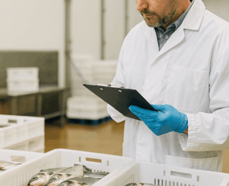 Curso de Implantación de Sistemas de Autocontrol APPCC en Productos de la Pesca: técnico de calidad revisando productos pesqueros en planta de procesamiento.