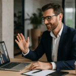 Curso de Inglés: Gestión Comercial: Profesional atendiendo una videollamada en inglés con un cliente internacional desde una oficina moderna.