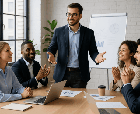 Curso de Liderazgo y Dirección de Organizaciones: líder guiando a su equipo durante una reunión estratégica.