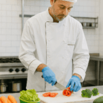 Curso de Manipulador de Alimentos: trabajador con gorro higiénico preparando alimentos en cocina profesional limpia y luminosa.