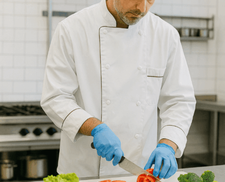 Curso de Manipulador de Alimentos: trabajador con gorro higiénico preparando alimentos en cocina profesional limpia y luminosa.