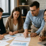 Curso de Marketing, Distribución Comercial y Fuerza de Ventas: Profesionales analizando gráficos de ventas y estrategias comerciales en una reunión de equipo.