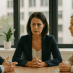 Curso de Mediación y Resolución de Conflictos: mediadora guiando una conversación entre dos personas en un entorno profesional sereno.