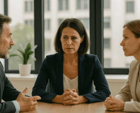 Curso de Mediación y Resolución de Conflictos: mediadora guiando una conversación entre dos personas en un entorno profesional sereno.