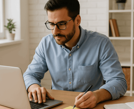 Curso de Mejora de la Productividad en las Actividades de Gestión Administrativa: profesional trabajando concentrado en su escritorio organizando tareas.