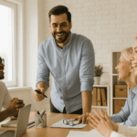 Curso de Motivación del Personal: líder de equipo motivando a sus empleados en una reunión colaborativa.