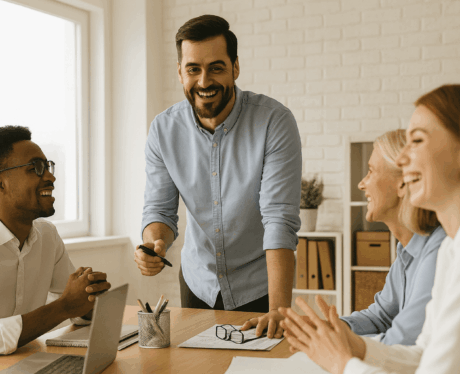 Curso de Motivación del Personal: líder de equipo motivando a sus empleados en una reunión colaborativa.