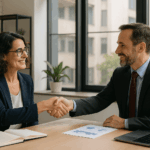 Curso de Negociación y Resolución de Conflictos: dos profesionales dialogando y alcanzando un acuerdo en un entorno laboral colaborativo.