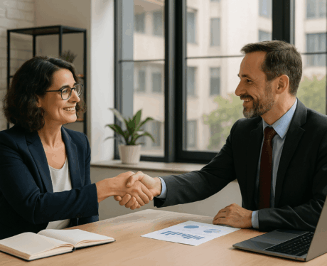 Curso de Negociación y Resolución de Conflictos: dos profesionales dialogando y alcanzando un acuerdo en un entorno laboral colaborativo.