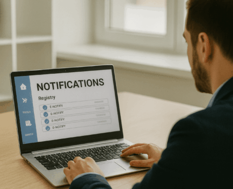 Curso de Notificación y Registro Electrónico — Profesional gestionando notificaciones digitales en un ordenador portátil en una oficina moderna.