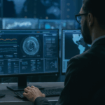 Curso de Planificación de la Seguridad Informática en la Empresa: profesional monitorizando la seguridad de red desde múltiples pantallas.