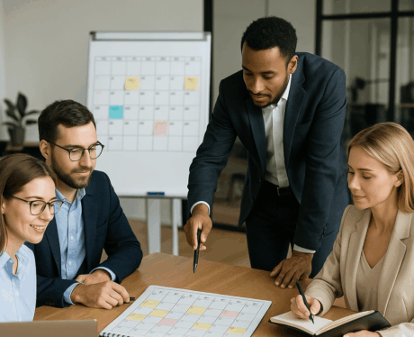 Curso de Planificación y Gestión del Tiempo: profesionales organizando tareas y gestionando su agenda en un entorno de trabajo colaborativo.