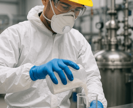 Curso de Prevención de Riesgos Laborales en el Sector Químico: trabajador con equipo de protección manipulando sustancias en laboratorio industrial.