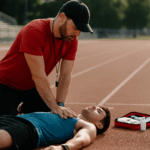 Curso de Primeros Auxilios en Instalaciones Deportivas: Monitor aplicando técnicas de reanimación a un deportista durante un entrenamiento.