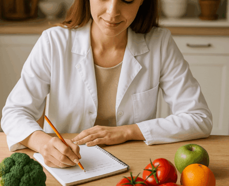 Curso de Salud, Nutrición y Dietética: nutricionista escribiendo un plan dietético junto a frutas y verduras frescas.