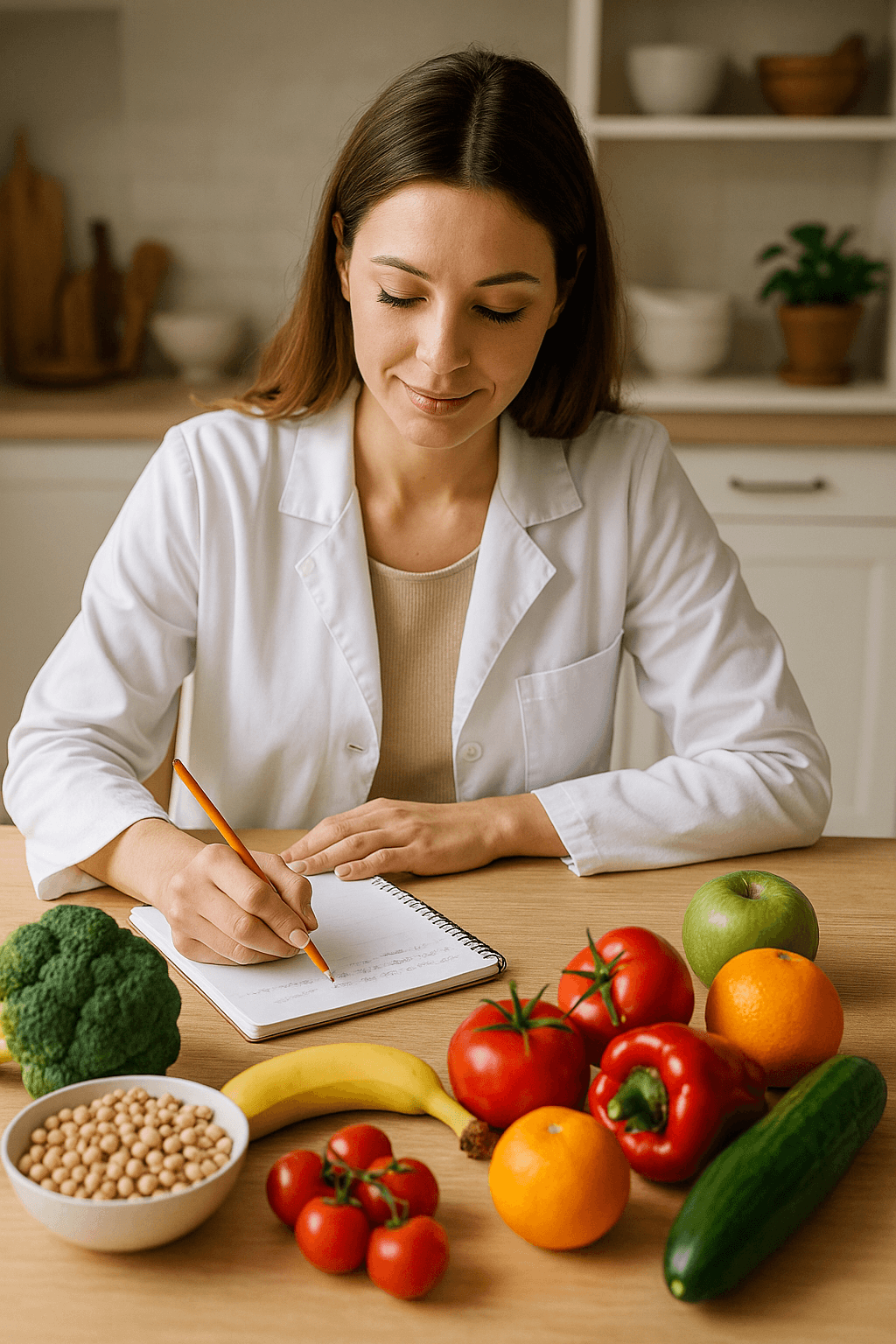 Curso de Salud, Nutrición y Dietética: nutricionista escribiendo un plan dietético junto a frutas y verduras frescas.