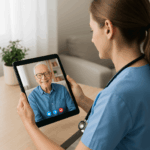 Curso de Teleasistencia: Profesional sanitaria atendiendo una videollamada con una persona mayor a través de una tableta digital.