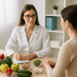 Curso de Nutrición y Dietética con nutricionista asesorando a una paciente y mostrando alimentos saludables como frutas, verduras y cereales.