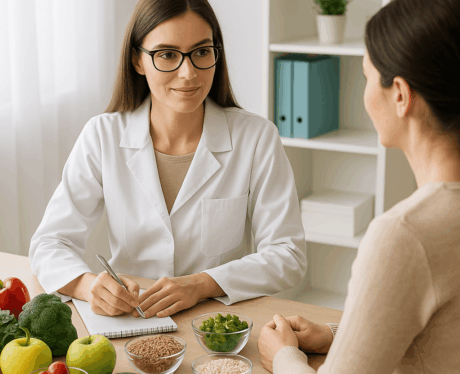 Curso de Nutrición y Dietética con nutricionista asesorando a una paciente y mostrando alimentos saludables como frutas, verduras y cereales.