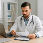 Curso de Responsabilidad Legal Sanitaria con un profesional de la salud revisando documentos legales y médicos en un entorno clínico.