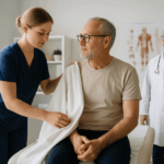 Curso de PREPARACIÓN DEL PACIENTE PARA LA EXPLORACIÓN EN AUXILIARES DE ENFERMERÍA:Auxiliar de enfermería preparando a un paciente mayor para exploración médica